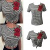 New Fashion Women Striped T-Shirt Floral Embroidery Short Sleeve Casual Blouse Tee Sexy Crop Top Black