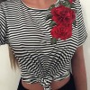 New Fashion Women Striped T-Shirt Floral Embroidery Short Sleeve Casual Blouse Tee Sexy Crop Top Black