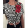 New Fashion Women Striped T-Shirt Floral Embroidery Short Sleeve Casual Blouse Tee Sexy Crop Top Black