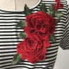 New Fashion Women Striped T-Shirt Floral Embroidery Short Sleeve Casual Blouse Tee Sexy Crop Top Black