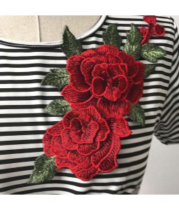 New Fashion Women Striped T-Shirt Floral Embroidery Short Sleeve Casual Blouse Tee Sexy Crop Top Black