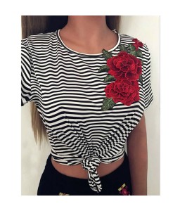 New Fashion Women Striped T-Shirt Floral Embroidery Short Sleeve Casual Blouse Tee Sexy Crop Top Black