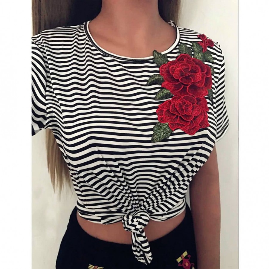 New Fashion Women Striped T-Shirt Floral Embroidery Short Sleeve Casual Blouse Tee Sexy Crop Top Black