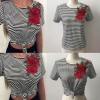 New Fashion Women Striped T-Shirt Floral Embroidery Short Sleeve Casual Blouse Tee Sexy Crop Top Black