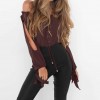  Women Off Shoulder Blouse Shirt Lace Up Cut Out Long Sleeve Tie Cuff Streetwear Top Coffee/Red