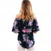 Women Sexy Summer Tops Floral Print Off Shoulder Slash Neck Flare Sleeve Asymmetric Blouse Dark Blue