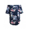 Women Sexy Summer Tops Floral Print Off Shoulder Slash Neck Flare Sleeve Asymmetric Blouse Dark Blue