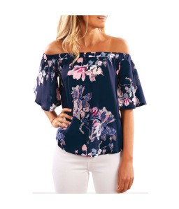 Women Sexy Summer Tops Floral Print Off Shoulder Slash Neck Flare Sleeve Asymmetric Blouse Dark Blue