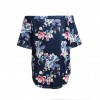 Women Sexy Summer Tops Floral Print Off Shoulder Slash Neck Flare Sleeve Asymmetric Blouse Dark Blue