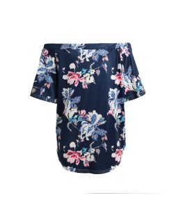 Women Sexy Summer Tops Floral Print Off Shoulder Slash Neck Flare Sleeve Asymmetric Blouse Dark Blue