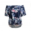 Women Sexy Summer Tops Floral Print Off Shoulder Slash Neck Flare Sleeve Asymmetric Blouse Dark Blue