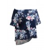 Women Sexy Summer Tops Floral Print Off Shoulder Slash Neck Flare Sleeve Asymmetric Blouse Dark Blue