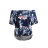 Women Sexy Summer Tops Floral Print Off Shoulder Slash Neck Flare Sleeve Asymmetric Blouse Dark Blue