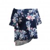 Women Sexy Summer Tops Floral Print Off Shoulder Slash Neck Flare Sleeve Asymmetric Blouse Dark Blue