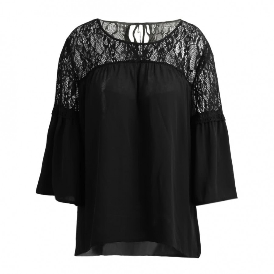 Summer Women Lace Splicing Shirt Casual Loose Solid Blouse Tie 3/4 Sleeves Round Neck Female Top White/Black