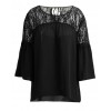 Summer Women Lace Splicing Shirt Casual Loose Solid Blouse Tie 3/4 Sleeves Round Neck Female Top White/Black