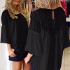 Summer Women Lace Splicing Shirt Casual Loose Solid Blouse Tie 3/4 Sleeves Round Neck Female Top White/Black