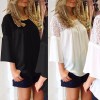 Summer Women Lace Splicing Shirt Casual Loose Solid Blouse Tie 3/4 Sleeves Round Neck Female Top White/Black