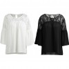 Summer Women Lace Splicing Shirt Casual Loose Solid Blouse Tie 3/4 Sleeves Round Neck Female Top White/Black