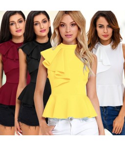 Summer Fashion Women Asymmetric Ruffle Side Peplum Top Turtleneck Sleeveless Back Zipper Blouses