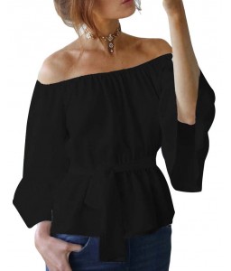 New Sexy Women Chiffon Off Shoulder Blouse Shirt Belted Flare Sleeve Casual Solid Top