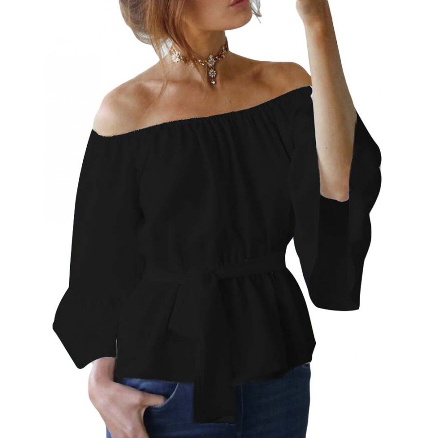 New Sexy Women Chiffon Off Shoulder Blouse Shirt Belted Flare Sleeve Casual Solid Top