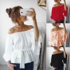 New Sexy Women Chiffon Off Shoulder Blouse Shirt Belted Flare Sleeve Casual Solid Top