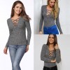 Women Sexy V Neck Knit Top Slim Pullover Cross Lace Up Shirt Long Sleeves Grey