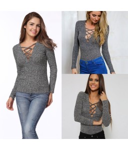 Women Sexy V Neck Knit Top Slim Pullover Cross Lace Up Shirt Long Sleeves Grey