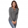 Women Sexy V Neck Knit Top Slim Pullover Cross Lace Up Shirt Long Sleeves Grey