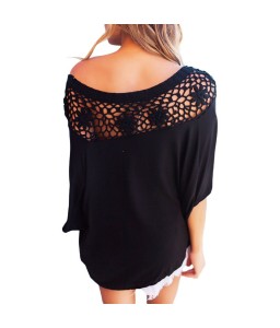 T-Shirt Women Summer Casual Crochet Splicing Hollow Out One Shoulder Top Tee Shirt