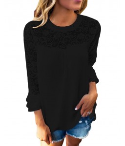 Women Chiffon Blouse Shirt Sheer Lace Cut Out O-Neck Ruffle Flare Sleeve Solid Casual Loose Top