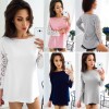 Women T-shirt Floral Crochet Lace Splicing Dropped Shoulders Hollow Out Long Sleeve Casual Tops