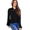 Women Casual Shirt Blouse V Neck Flare Long Sleeve Bandage Tie Solid Elegant Loose Tops