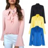 Women Casual Shirt Blouse V Neck Flare Long Sleeve Bandage Tie Solid Elegant Loose Tops