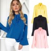 Women Casual Shirt Blouse V Neck Flare Long Sleeve Bandage Tie Solid Elegant Loose Tops