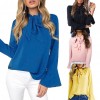 Women Casual Shirt Blouse V Neck Flare Long Sleeve Bandage Tie Solid Elegant Loose Tops