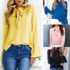 Women Casual Shirt Blouse V Neck Flare Long Sleeve Bandage Tie Solid Elegant Loose Tops