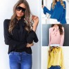 Women Casual Shirt Blouse V Neck Flare Long Sleeve Bandage Tie Solid Elegant Loose Tops