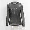 Sexy Women Mesh Top Solid Long Sleeve Transparent T-Shirt Nightclub Streetwear Blouse Top Black