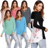 New Fashion Women Floral Printed T-shirt Cross V Neck Long Sleeves Asymmetric Tee Shirt Tops