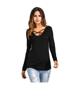 New Fashion Women Floral Printed T-shirt Cross V Neck Long Sleeves Asymmetric Tee Shirt Tops