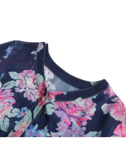 Women Floral Print Blouse Tops Vintage Autumn Clothing Button V Neck Long Sleeve Casual Pullover Dark Blue