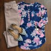 Women Floral Print Blouse Tops Vintage Autumn Clothing Button V Neck Long Sleeve Casual Pullover Dark Blue