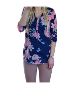 Women Floral Print Blouse Tops Vintage Autumn Clothing Button V Neck Long Sleeve Casual Pullover Dark Blue