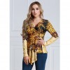 Women Plus Size Blouse Top Contrast Print V-Neck Asymmetric Hem Long Sleeve Top Yellow