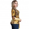 Women Plus Size Blouse Top Contrast Print V-Neck Asymmetric Hem Long Sleeve Top Yellow