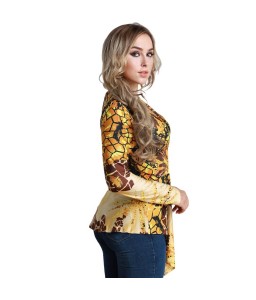 Women Plus Size Blouse Top Contrast Print V-Neck Asymmetric Hem Long Sleeve Top Yellow