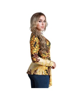 Women Plus Size Blouse Top Contrast Print V-Neck Asymmetric Hem Long Sleeve Top Yellow