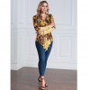 Women Plus Size Blouse Top Contrast Print V-Neck Asymmetric Hem Long Sleeve Top Yellow